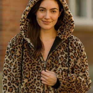 Reversible Leopard Print Faux Fur & Black Bomber Jacket – Hooded, Size M